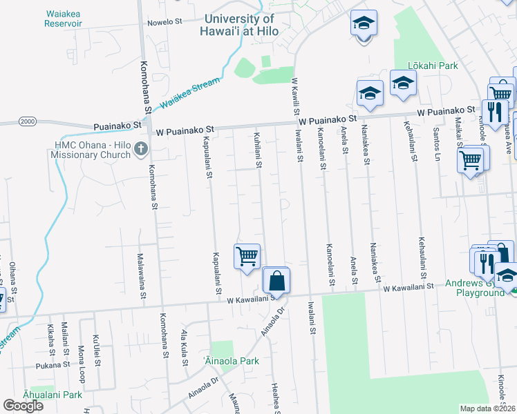 map of restaurants, bars, coffee shops, grocery stores, and more near 335 Kapii Place in Hilo