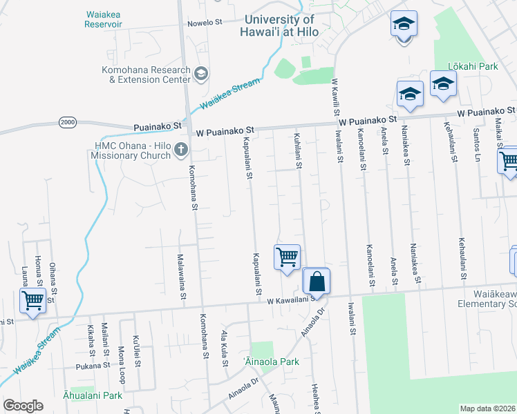 map of restaurants, bars, coffee shops, grocery stores, and more near 165 Kapualani Street in Hilo
