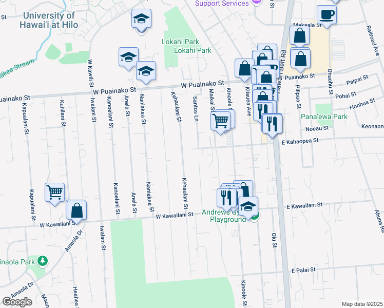 map of restaurants, bars, coffee shops, grocery stores, and more near 171 West Kahaopea Street in Hilo