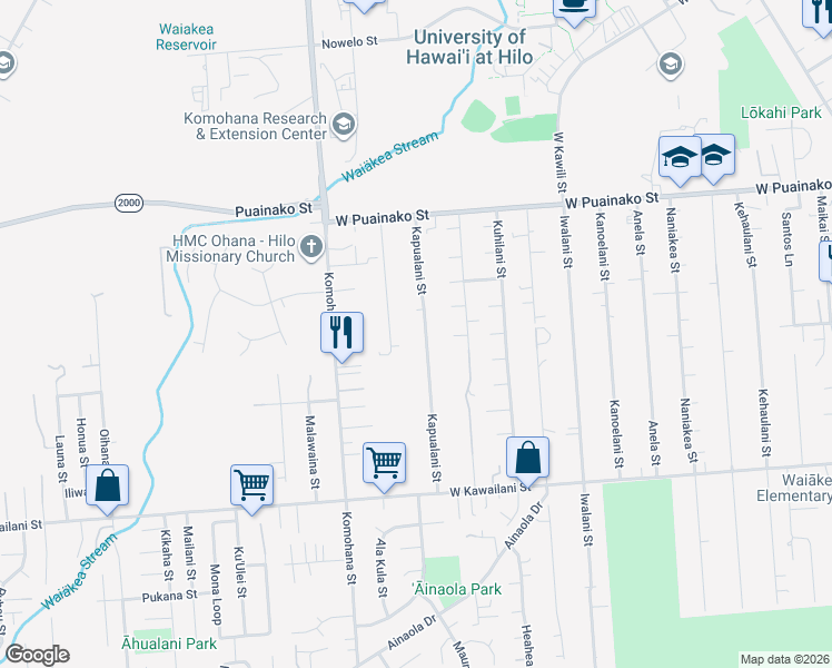 map of restaurants, bars, coffee shops, grocery stores, and more near 165 Kapualani Street in Hilo