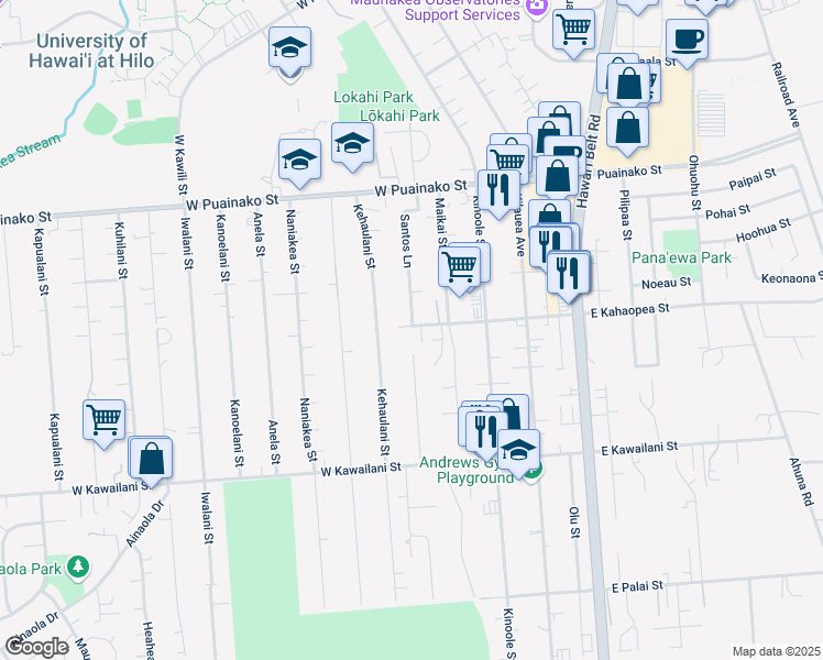 map of restaurants, bars, coffee shops, grocery stores, and more near 171 West Kahaopea Street in Hilo
