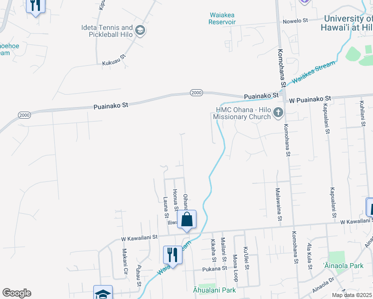 map of restaurants, bars, coffee shops, grocery stores, and more near 1131 Oihana Street in Hilo