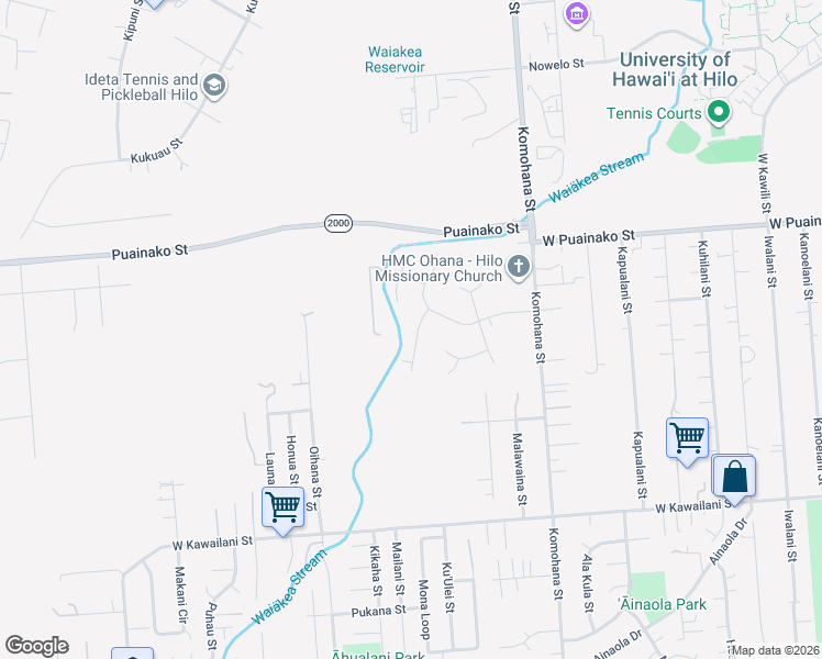map of restaurants, bars, coffee shops, grocery stores, and more near 1057 Olioli Way in Hilo