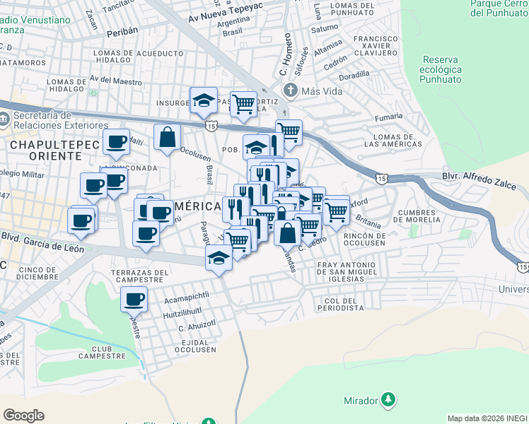 map of restaurants, bars, coffee shops, grocery stores, and more near 73 Calle Doctor Ignacio Chávez in Morelia