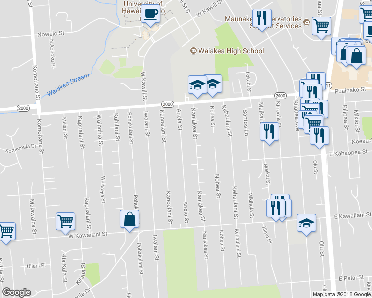 map of restaurants, bars, coffee shops, grocery stores, and more near 135 Anela Street in Hilo