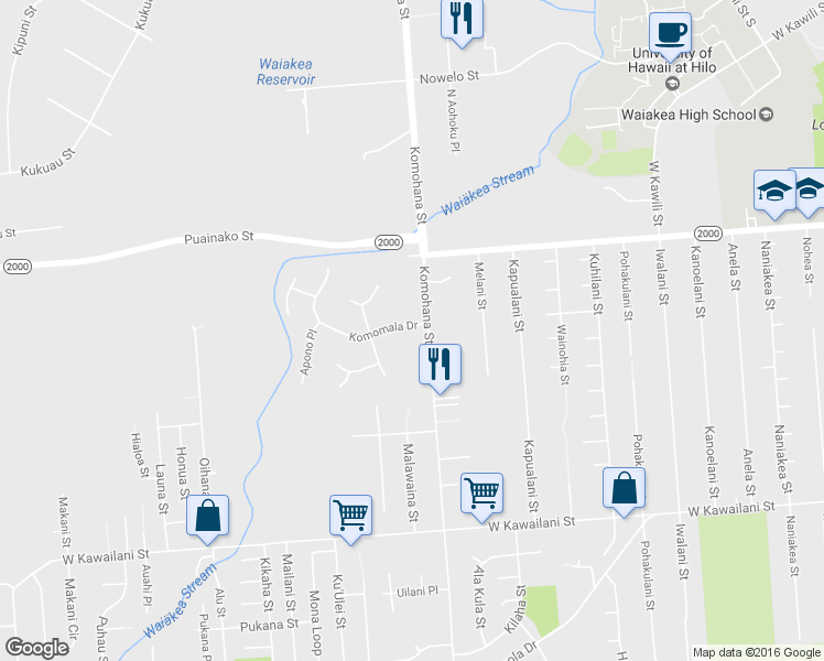 map of restaurants, bars, coffee shops, grocery stores, and more near 785 Komomala Drive in Hilo