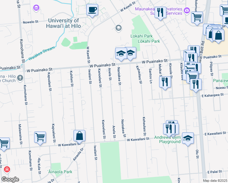 map of restaurants, bars, coffee shops, grocery stores, and more near 135 Anela Street in Hilo
