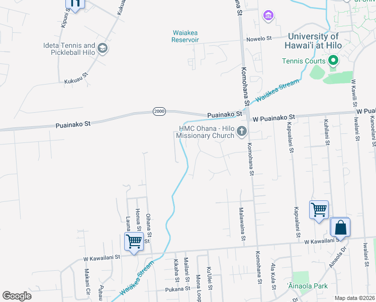 map of restaurants, bars, coffee shops, grocery stores, and more near 1057 Olioli Way in Hilo