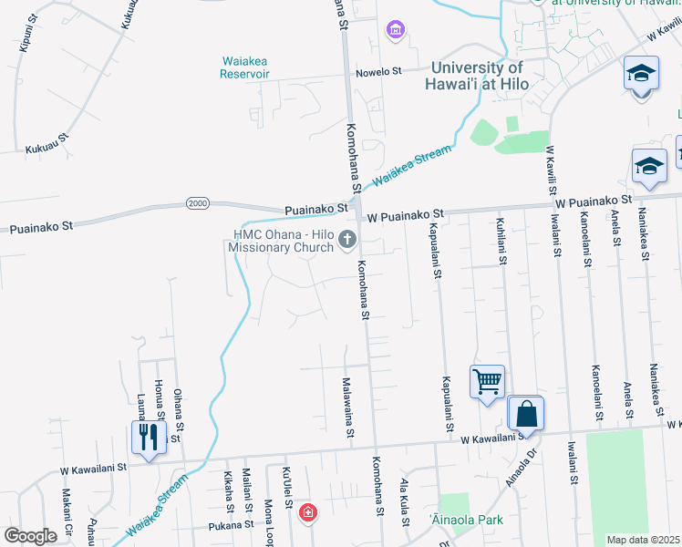 map of restaurants, bars, coffee shops, grocery stores, and more near 785 Komomala Drive in Hilo