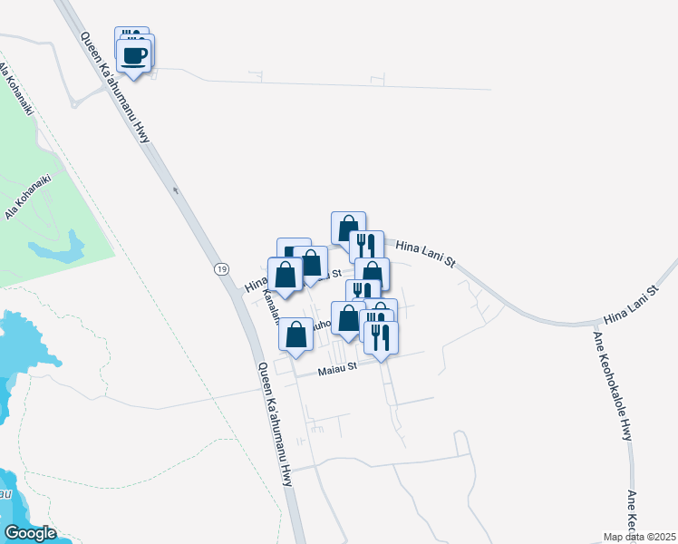 map of restaurants, bars, coffee shops, grocery stores, and more near Olowalu Street in Kaiminani