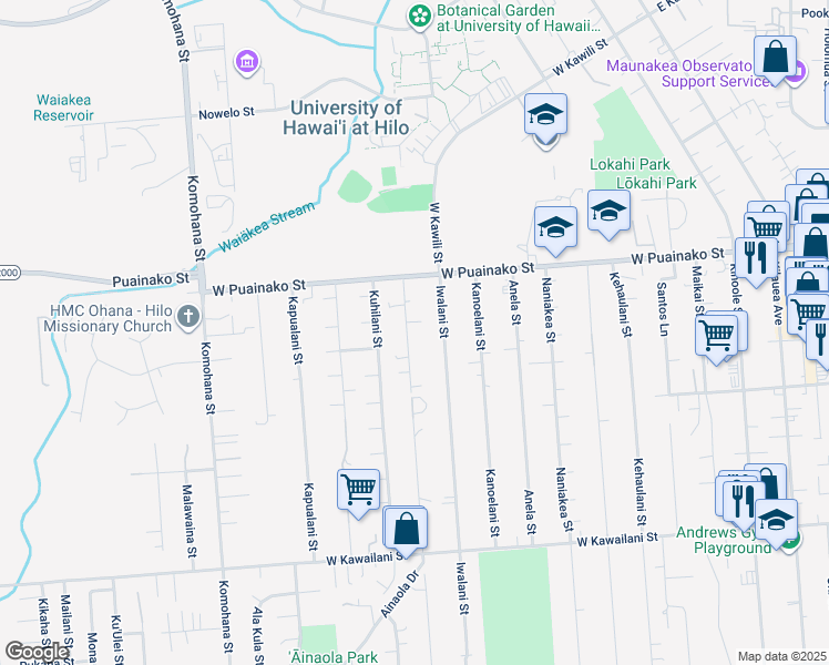 map of restaurants, bars, coffee shops, grocery stores, and more near 71 Pohakulani Street in Hilo