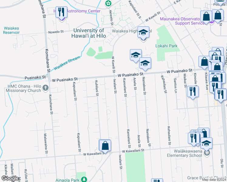 map of restaurants, bars, coffee shops, grocery stores, and more near 70 Iwalani Street in Hilo