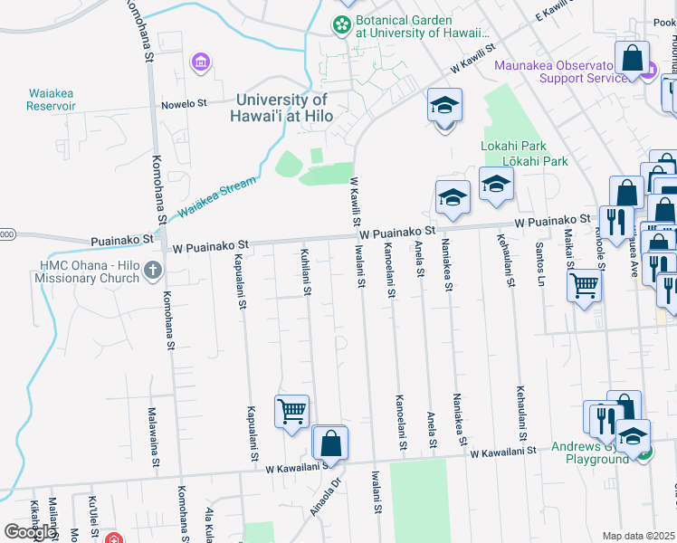 map of restaurants, bars, coffee shops, grocery stores, and more near 71 Pohakulani Street in Hilo