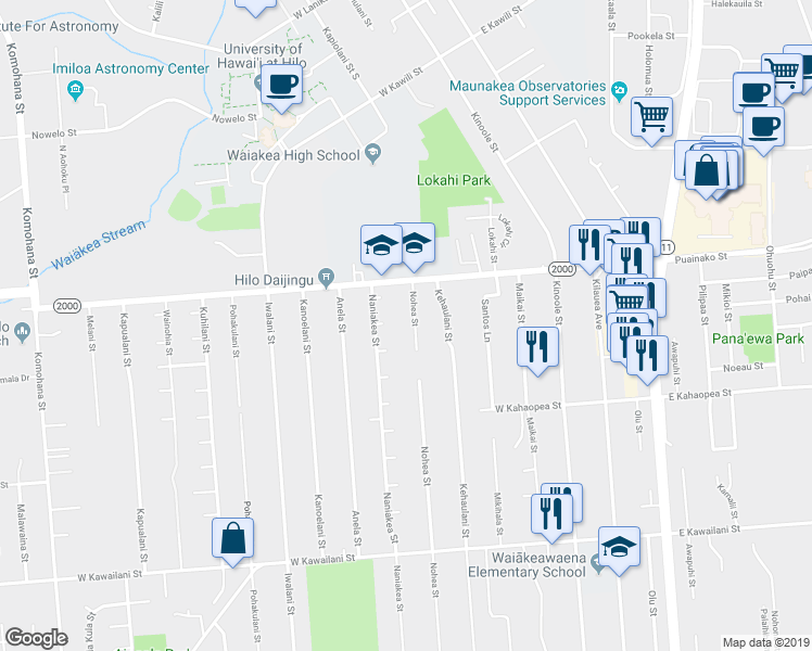 map of restaurants, bars, coffee shops, grocery stores, and more near 60 Nohea Street in Hilo