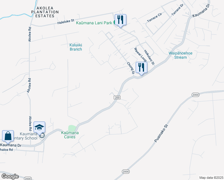 map of restaurants, bars, coffee shops, grocery stores, and more near 1244A Kaumana Drive in Hilo