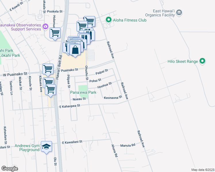 map of restaurants, bars, coffee shops, grocery stores, and more near 193 Hoohua Street in Hilo
