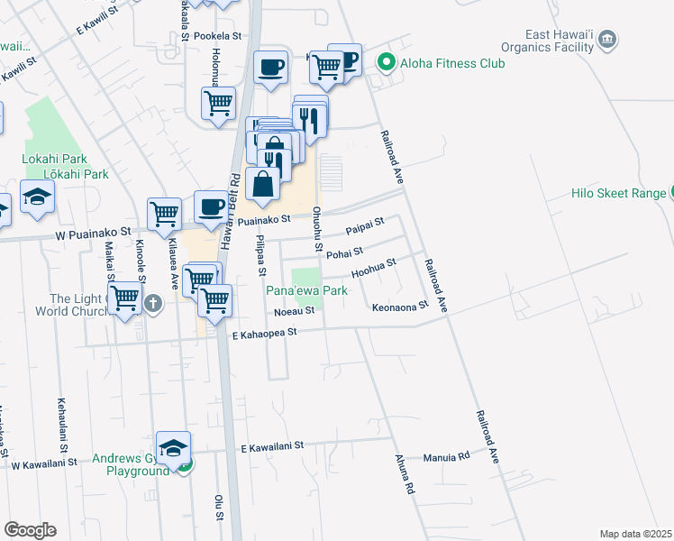 map of restaurants, bars, coffee shops, grocery stores, and more near 65 Ohuohu Street in Hilo