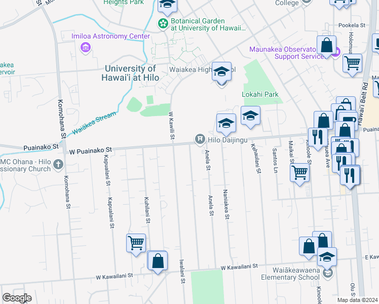 map of restaurants, bars, coffee shops, grocery stores, and more near 26 Kanoelani Street in Hilo