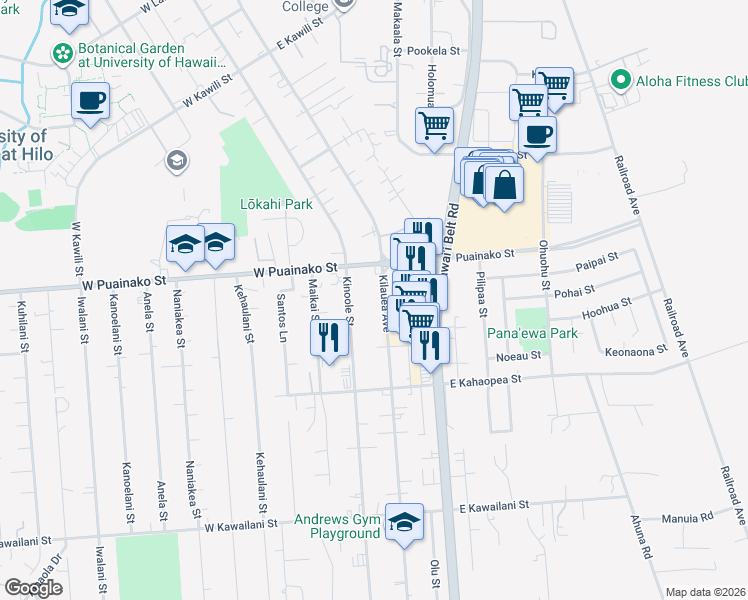 map of restaurants, bars, coffee shops, grocery stores, and more near 2050 Kilauea Avenue in Hilo