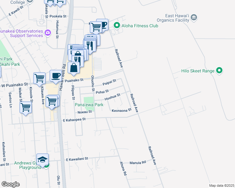 map of restaurants, bars, coffee shops, grocery stores, and more near 193 Hoohua Street in Hilo