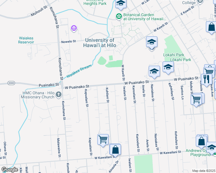 map of restaurants, bars, coffee shops, grocery stores, and more near 17 Kuhilani Street in Hilo