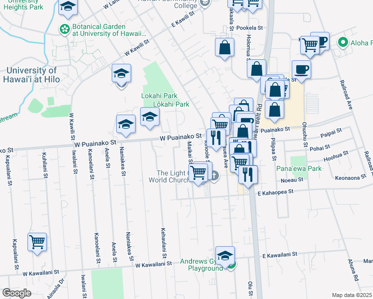 map of restaurants, bars, coffee shops, grocery stores, and more near 18 Maikai Street in Hilo