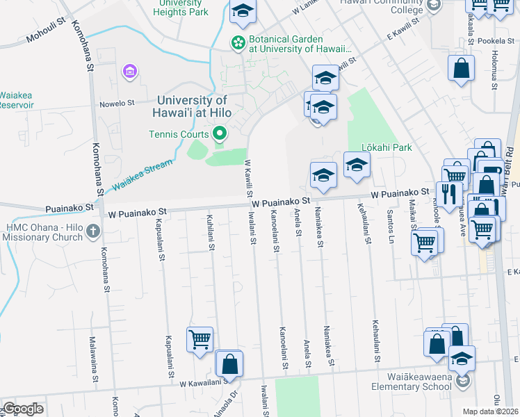 map of restaurants, bars, coffee shops, grocery stores, and more near 257 West Puainako Street in Hilo