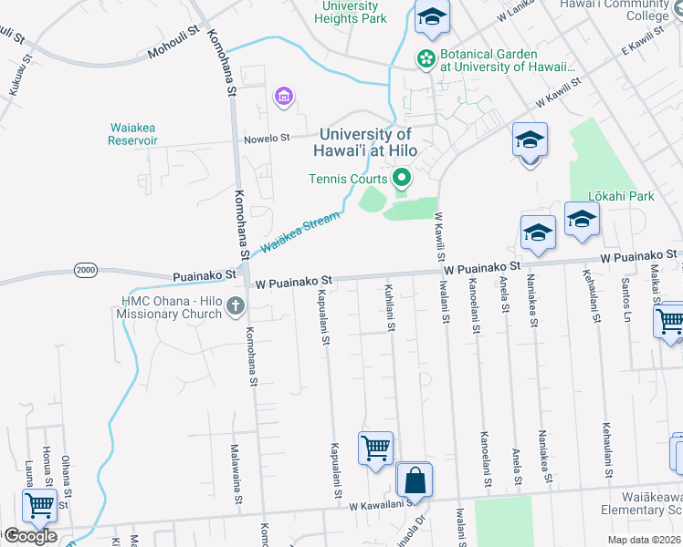 map of restaurants, bars, coffee shops, grocery stores, and more near 352 West Puainako Street in Hilo
