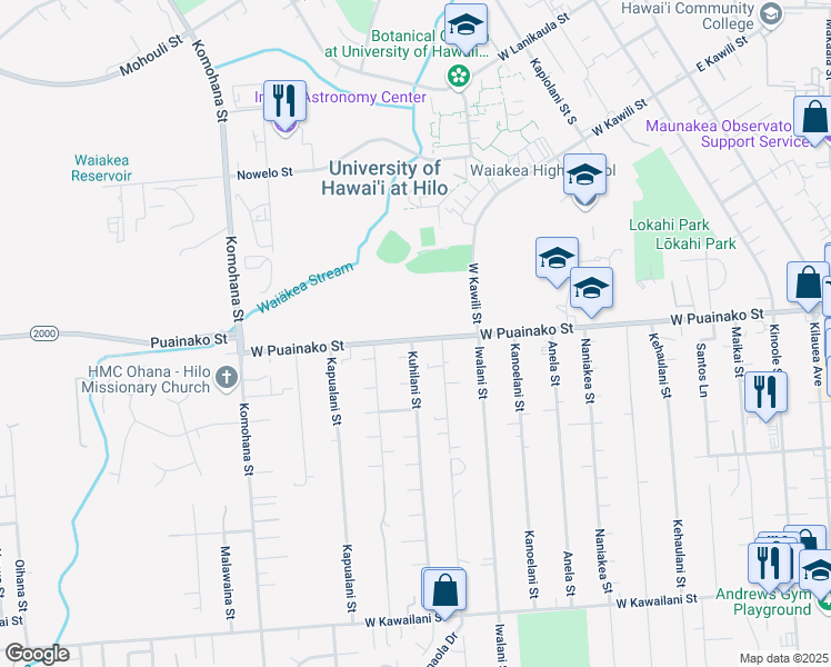 map of restaurants, bars, coffee shops, grocery stores, and more near 17 Kuhilani Street in Hilo