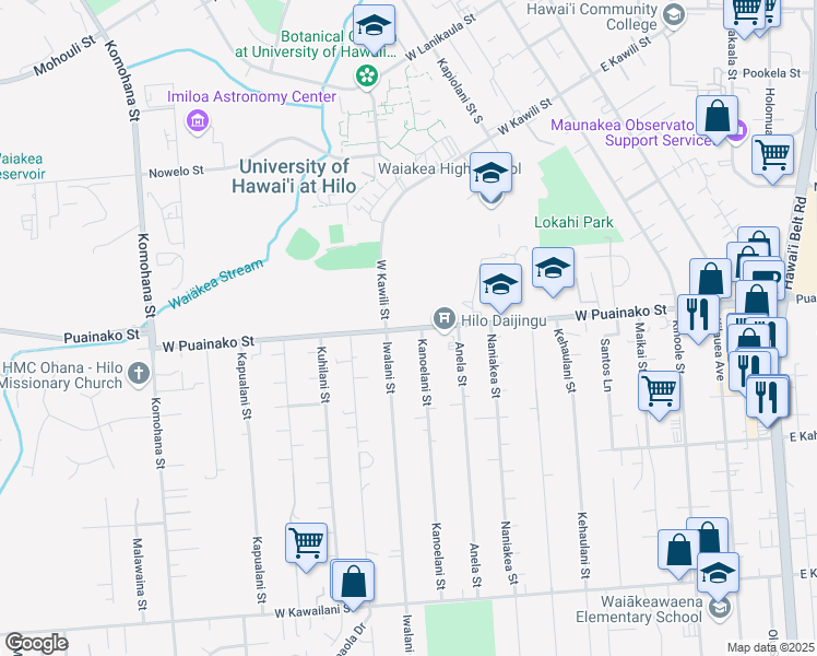 map of restaurants, bars, coffee shops, grocery stores, and more near 200 West Puainako Street in Hilo