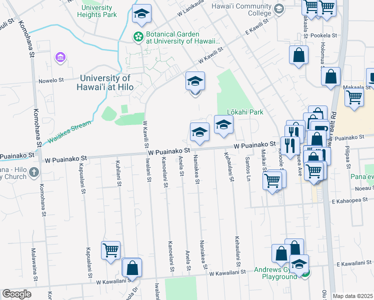 map of restaurants, bars, coffee shops, grocery stores, and more near 180 West Puainako Street in Hilo