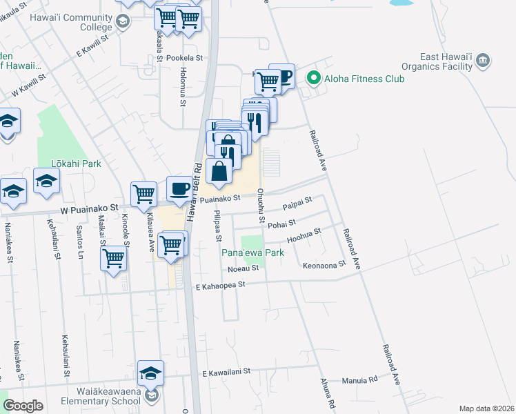 map of restaurants, bars, coffee shops, grocery stores, and more near 29 Ohuohu Street in Hilo