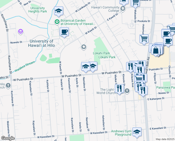 map of restaurants, bars, coffee shops, grocery stores, and more near 200 West Puainako Street in Hilo