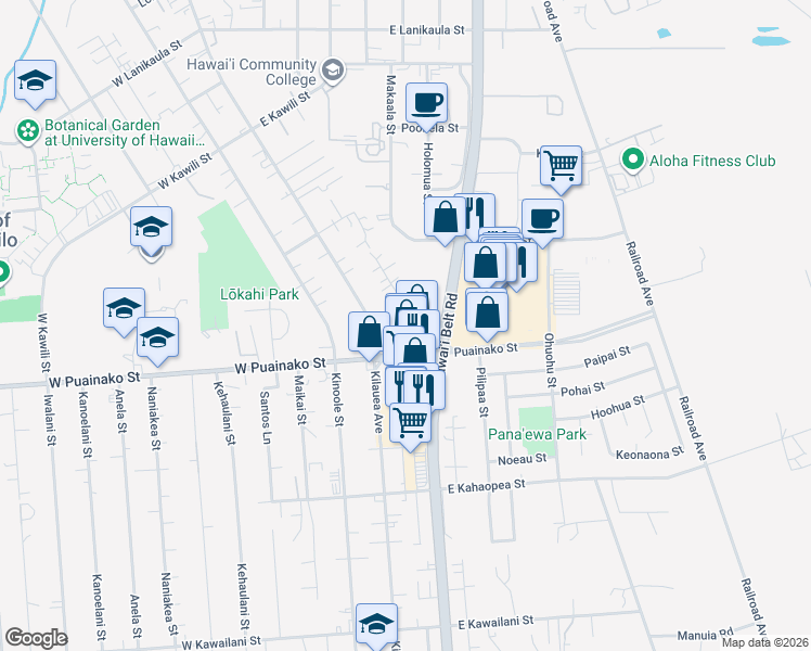map of restaurants, bars, coffee shops, grocery stores, and more near 53 Kekela Street in Hilo