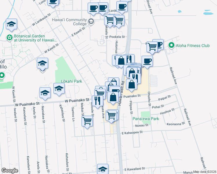 map of restaurants, bars, coffee shops, grocery stores, and more near 53 Kekela Street in Hilo
