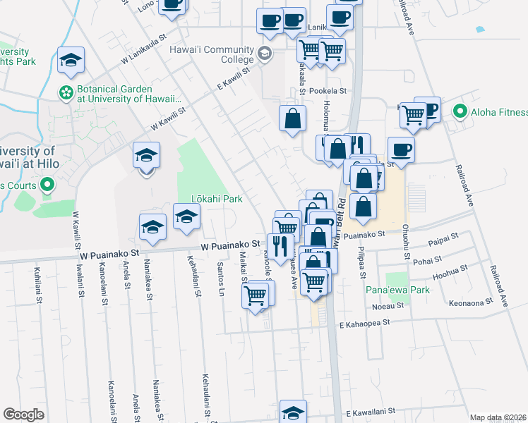 map of restaurants, bars, coffee shops, grocery stores, and more near 1759 Kinoole Street in Hilo