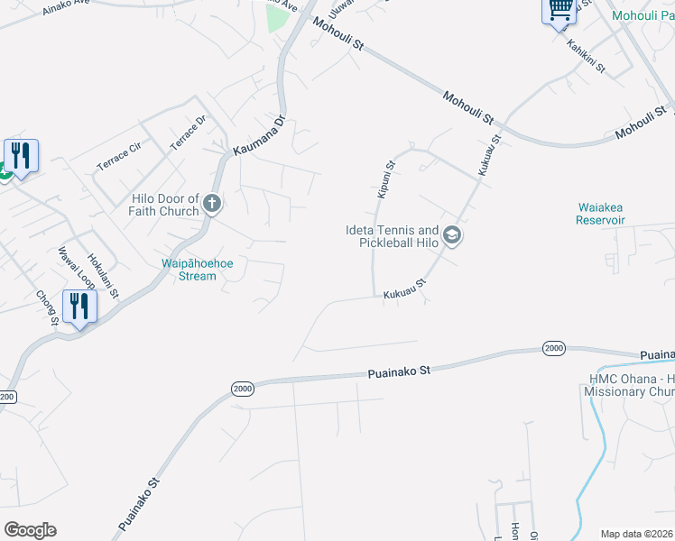 map of restaurants, bars, coffee shops, grocery stores, and more near 57 Olena Street in Hilo
