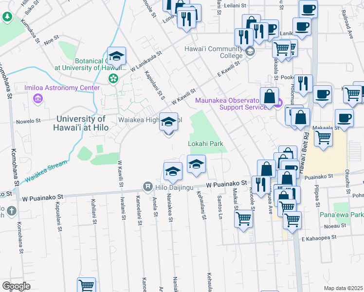 map of restaurants, bars, coffee shops, grocery stores, and more near 155 West Kawili Street in Hilo