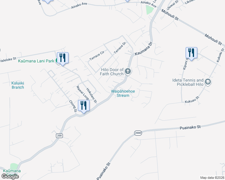 map of restaurants, bars, coffee shops, grocery stores, and more near 882 Kaumana Drive in Hilo