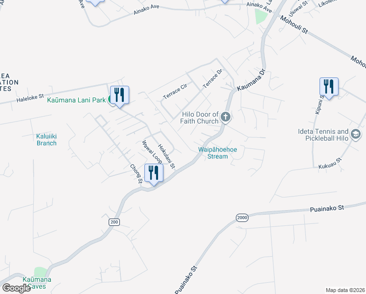 map of restaurants, bars, coffee shops, grocery stores, and more near 49 Iiwipolena Road in Hilo