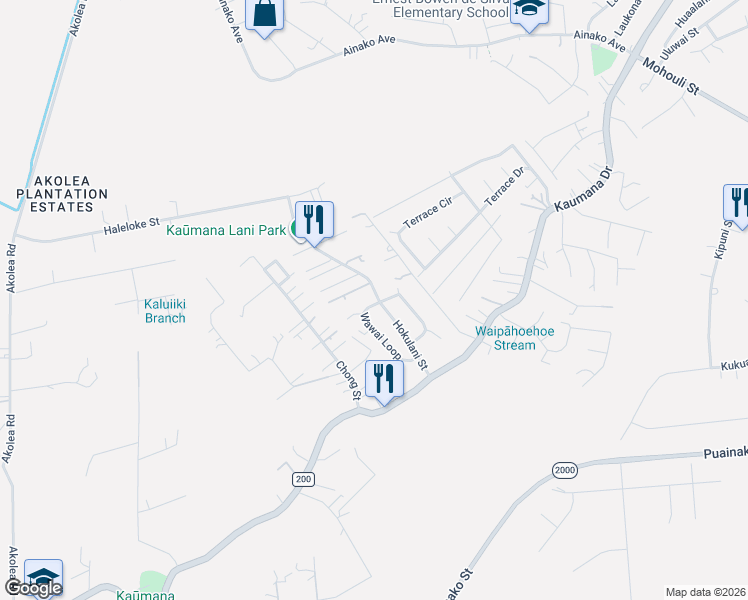 map of restaurants, bars, coffee shops, grocery stores, and more near 102 Hokulani Street in Hilo