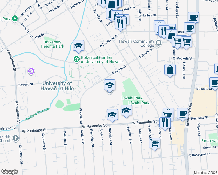 map of restaurants, bars, coffee shops, grocery stores, and more near Pookela Parkway in Hilo