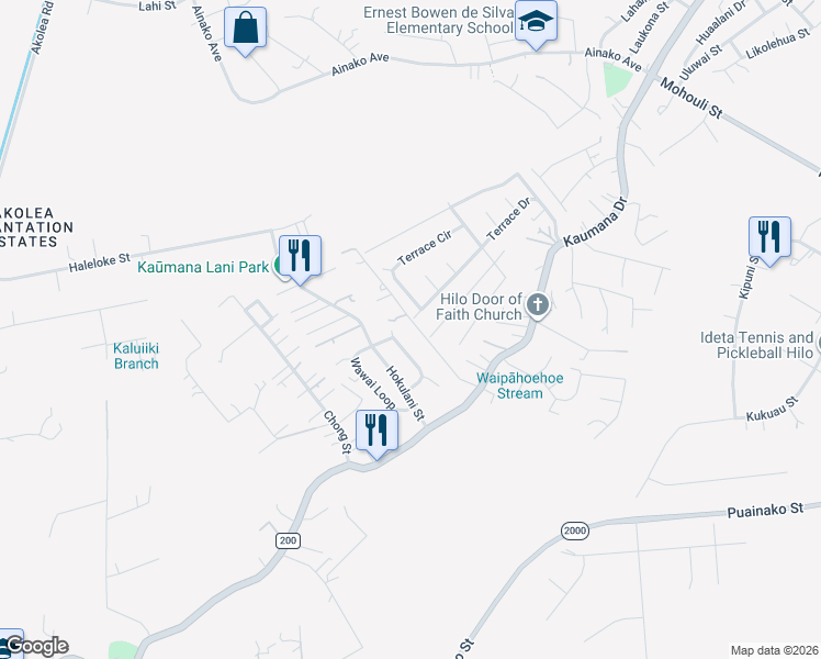 map of restaurants, bars, coffee shops, grocery stores, and more near 125 Iiwipolena Road in Hilo