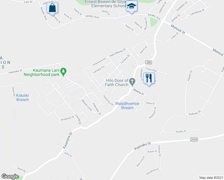 map of restaurants, bars, coffee shops, grocery stores, and more near 124 Pakalana Street in Hilo