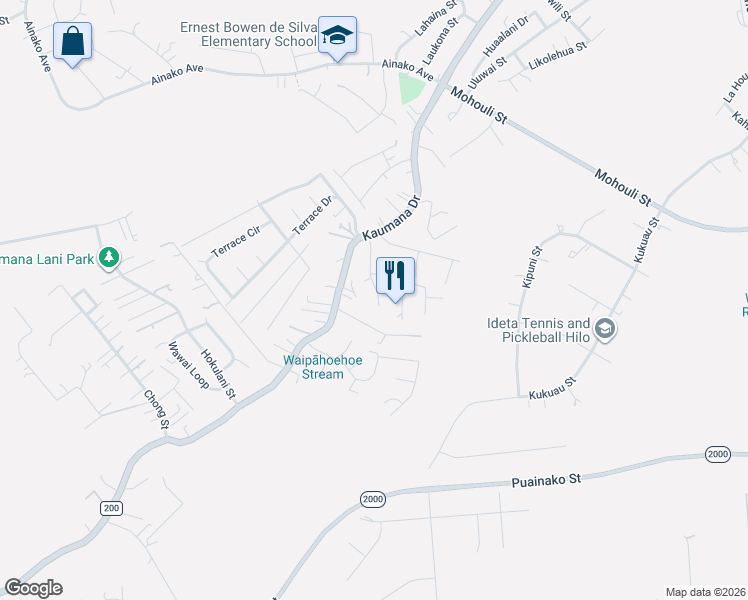 map of restaurants, bars, coffee shops, grocery stores, and more near 35 Malama Place in Hilo