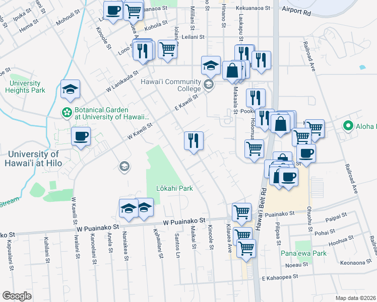map of restaurants, bars, coffee shops, grocery stores, and more near 1748a Kilauea Avenue in Hilo