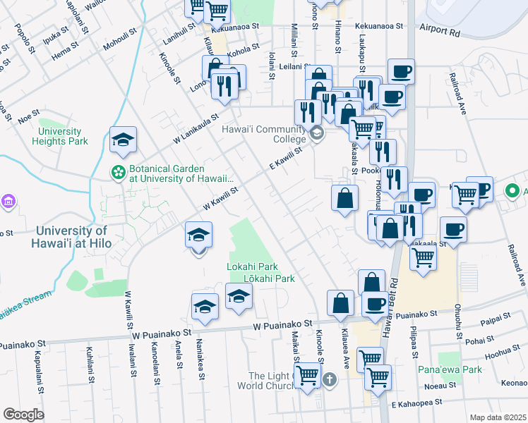 map of restaurants, bars, coffee shops, grocery stores, and more near 1573 Kinoole Street in Hilo