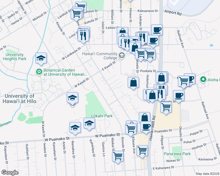 map of restaurants, bars, coffee shops, grocery stores, and more near 1748a Kilauea Avenue in Hilo