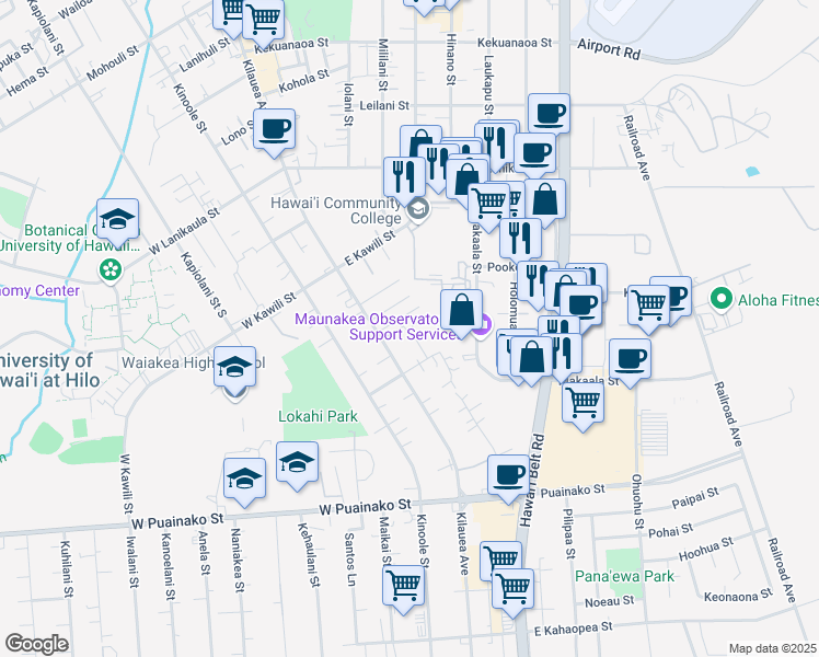 map of restaurants, bars, coffee shops, grocery stores, and more near 1767 Kilauea Avenue in Hilo