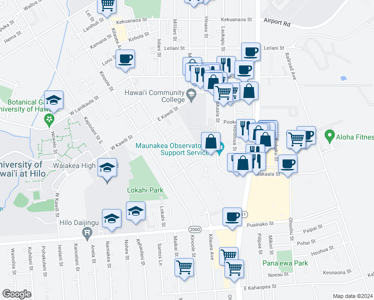 map of restaurants, bars, coffee shops, grocery stores, and more near 37C East Ohea Street in Hilo